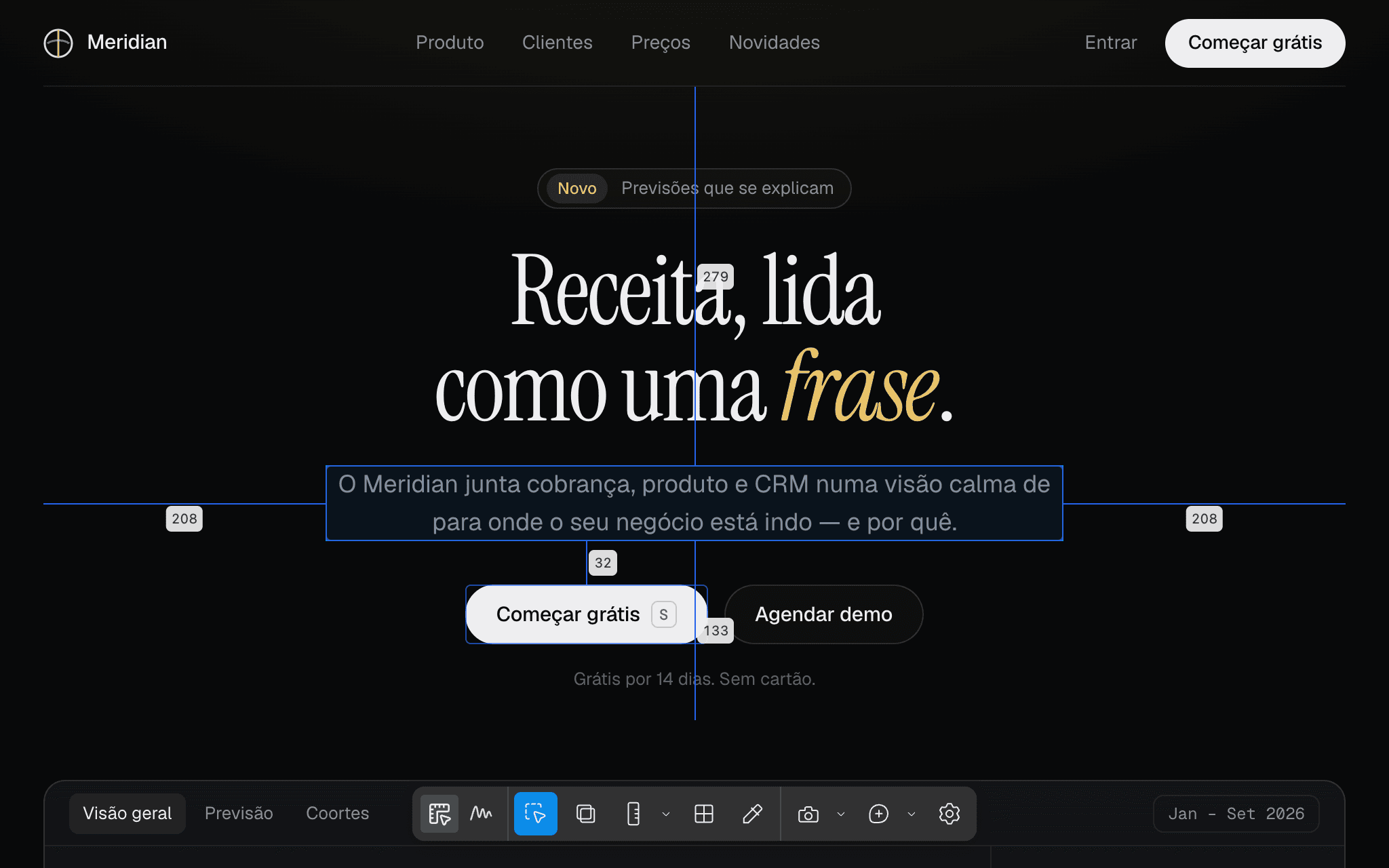 A Régua sobre uma landing page: o parágrafo selecionado em azul, com as distâncias até as bordas e até o botão abaixo dele.