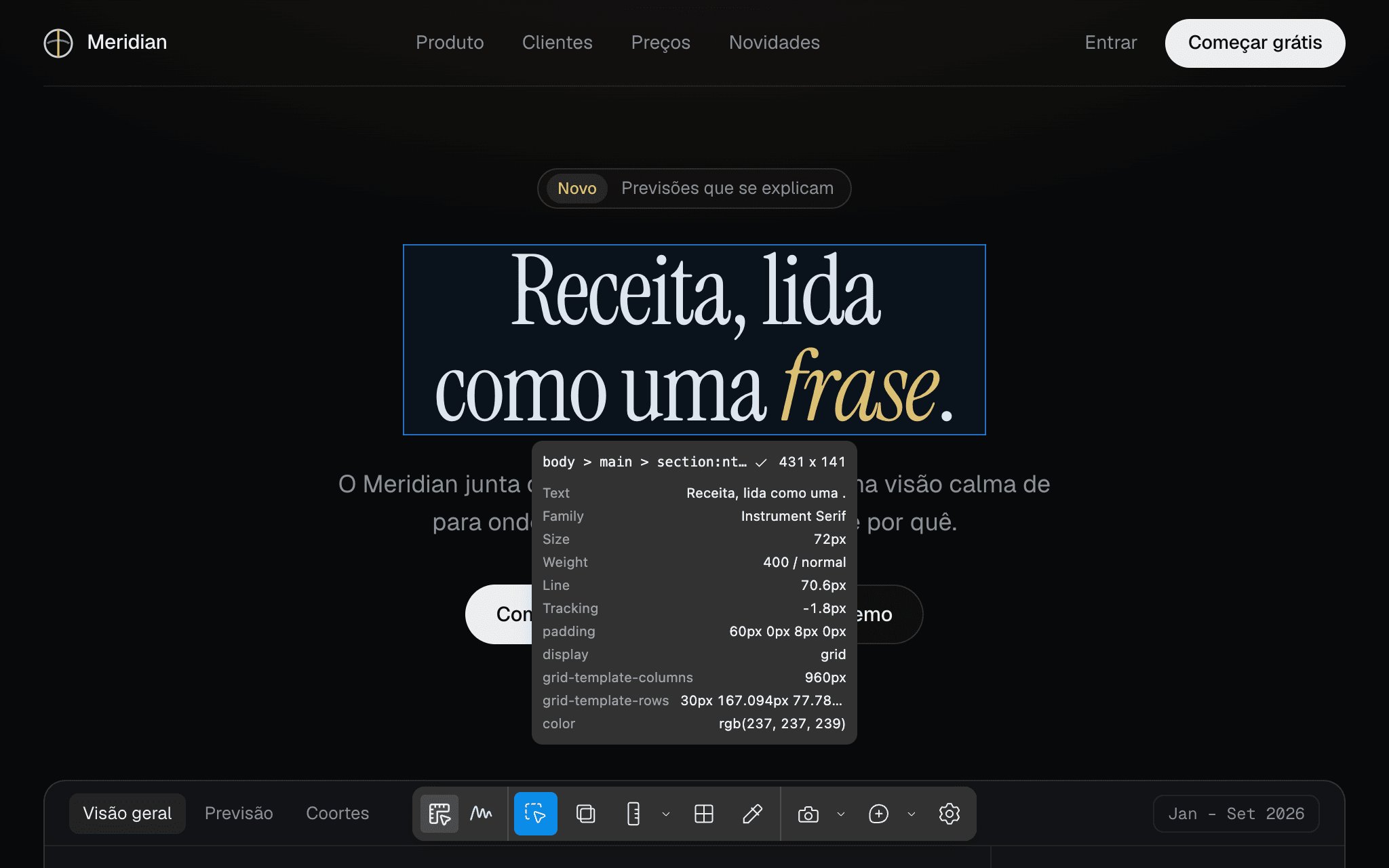 O cartão de inspeção da Régua mostrando família, tamanho, peso, entrelinha e tracking do título da página.